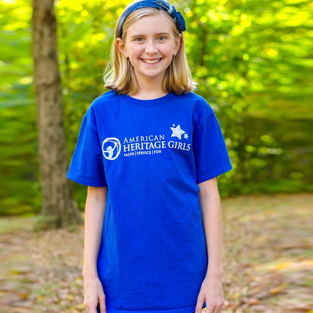 American heritage girl class b shirt EUC adult small blue